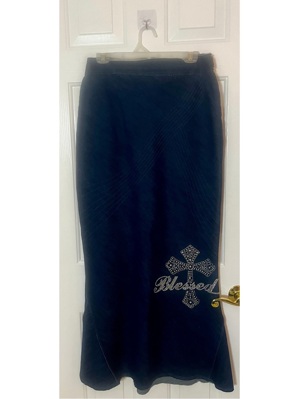 Embellished 'Blessed' Cross Maxi Skirt - Dark Blue Denim. Gorgeous denim skirt